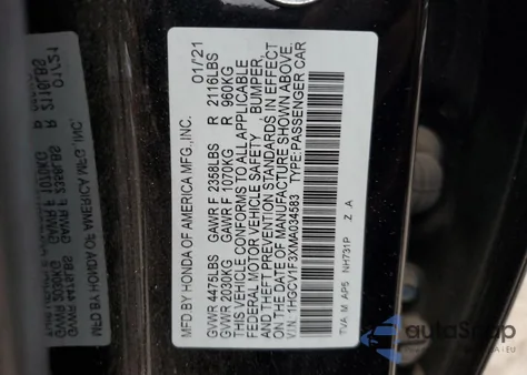 2021 Honda Accord Sport из США, поврежденный, VIN 1HGCV1F3XMA034583